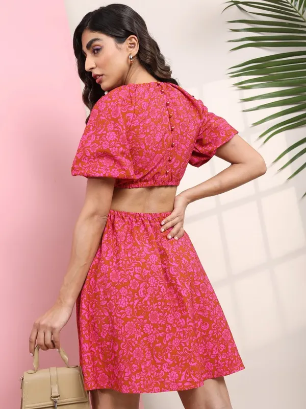 Tokyo Talkies Women Coral Printed Fit And Flare Dress