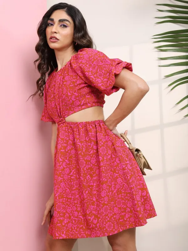Buy Tokyo Talkies Coral Printed Fit And Flare Dresses for