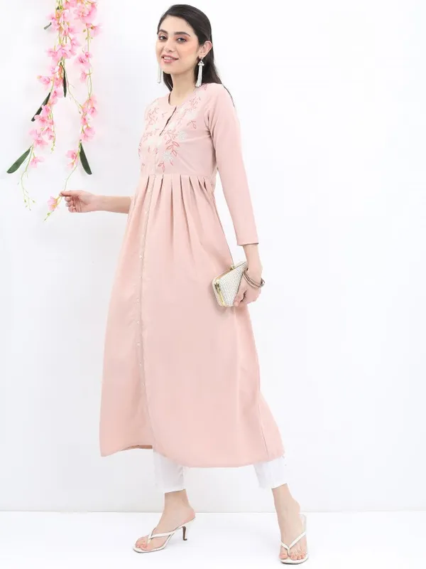 Vishudh Women Beige Embroidered A-Line Kurta