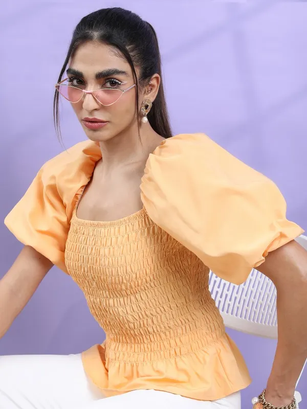 Tokyo Talkies Women Orange Solid Blouson Top