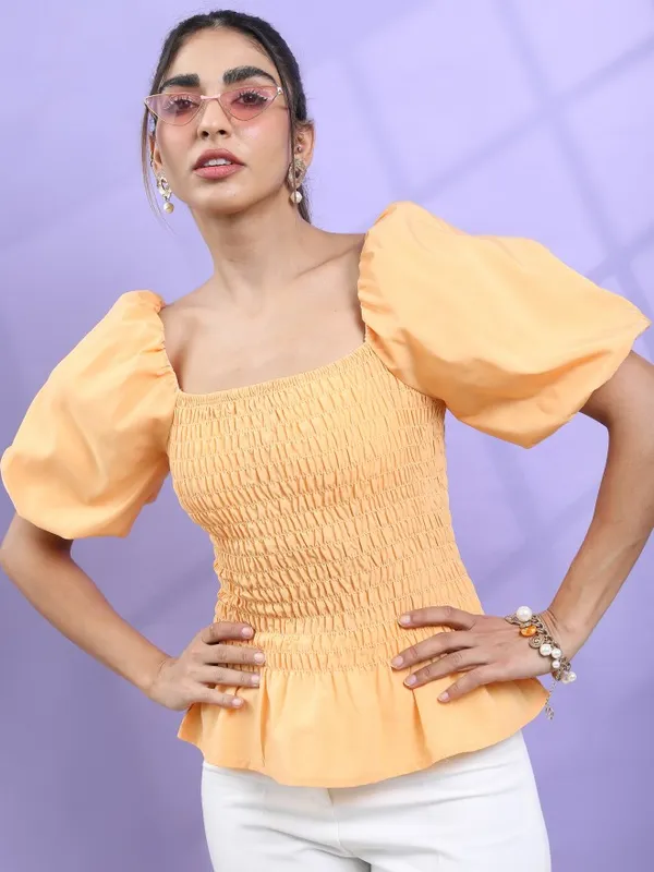 Tokyo Talkies Women Orange Solid Blouson Top