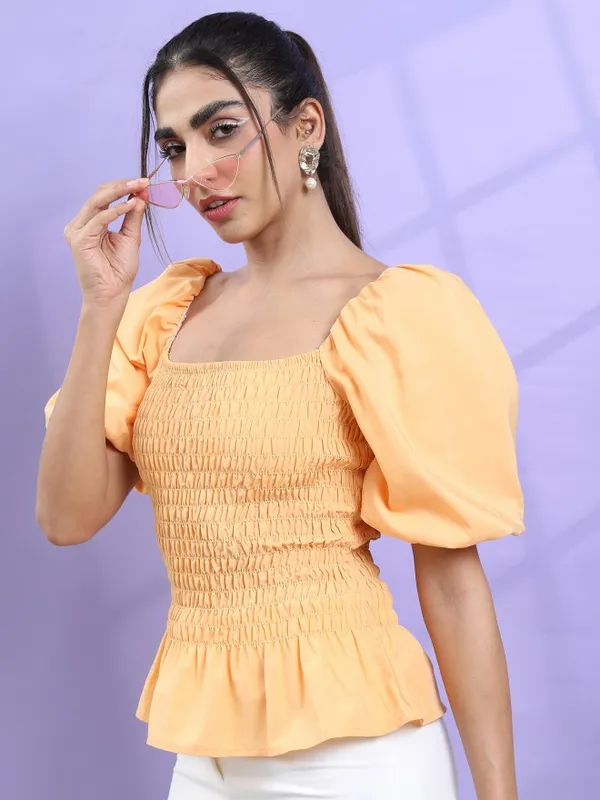 Tokyo Talkies Women Orange Solid Blouson Top