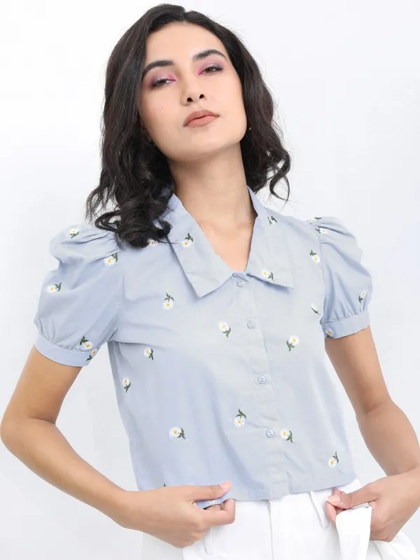 Tokyo Talkies Women Blue Printed Casual Shirts