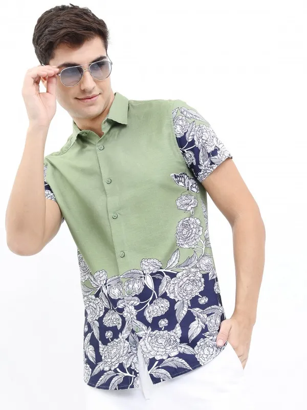  Ketch Men Olive Printed Slim Fit Casual Shirts