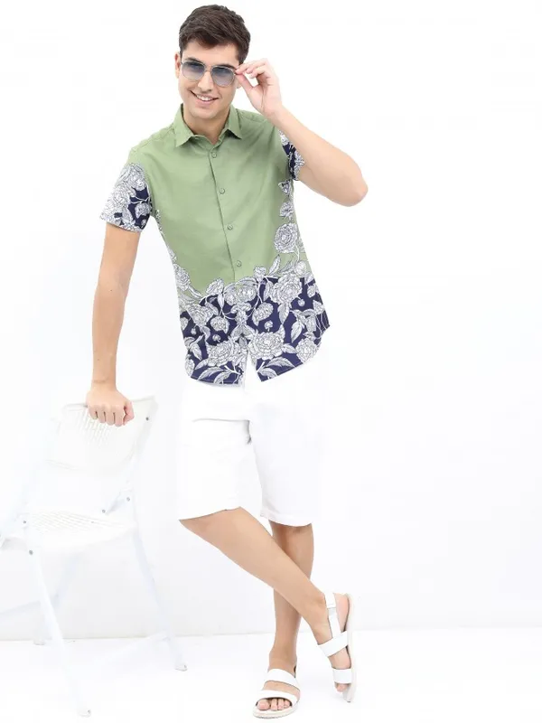  Ketch Men Olive Printed Slim Fit Casual Shirts