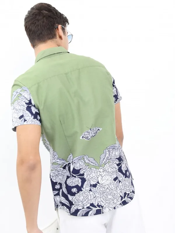  Ketch Men Olive Printed Slim Fit Casual Shirts