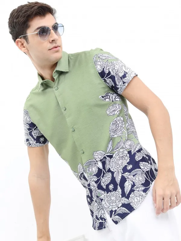  Ketch Men Olive Printed Slim Fit Casual Shirts