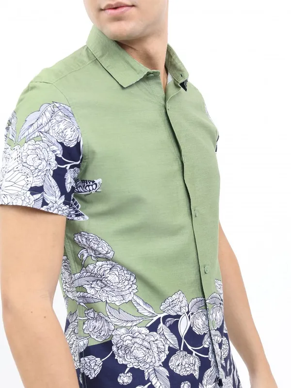  Ketch Men Olive Printed Slim Fit Casual Shirts
