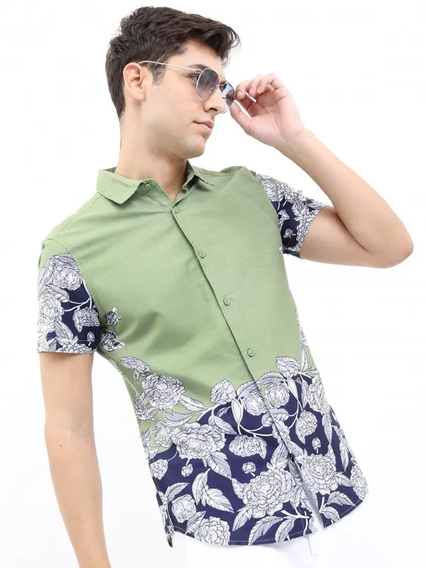  Ketch Men Olive Printed Slim Fit Casual Shirts