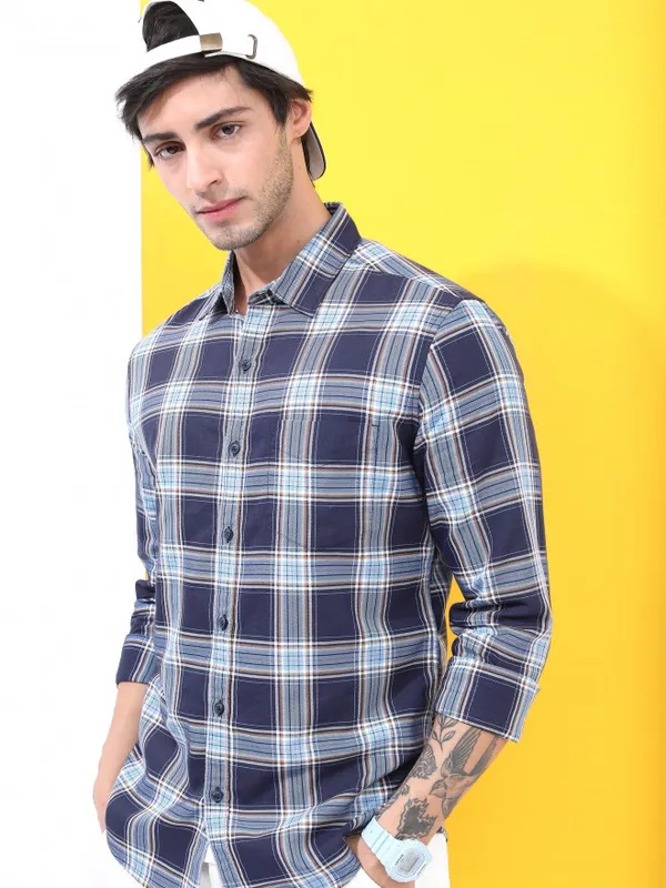  Highlander Men Blue Checked Slim Fit Casual Shirts