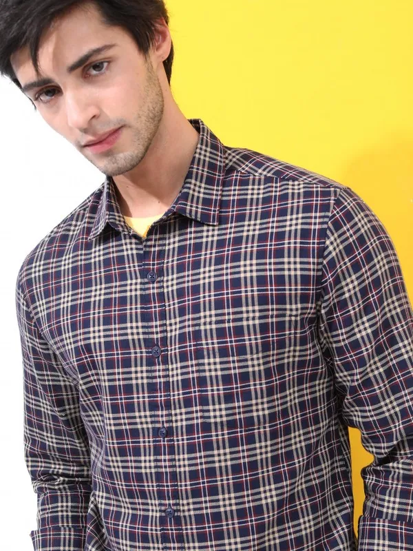  Highlander Men Navy Blue Checked Slim Fit Casual Shirts