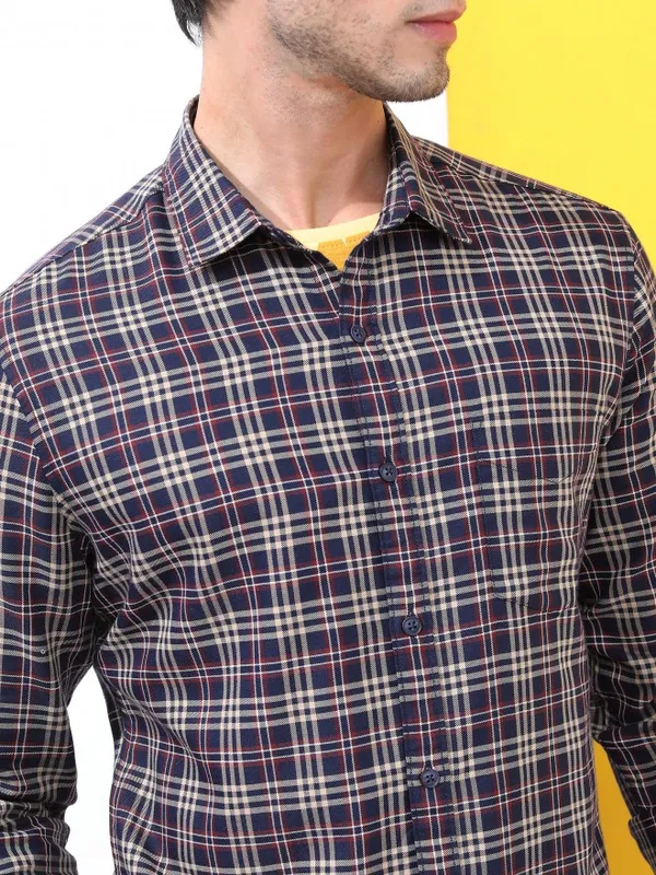  Highlander Men Navy Blue Checked Slim Fit Casual Shirts