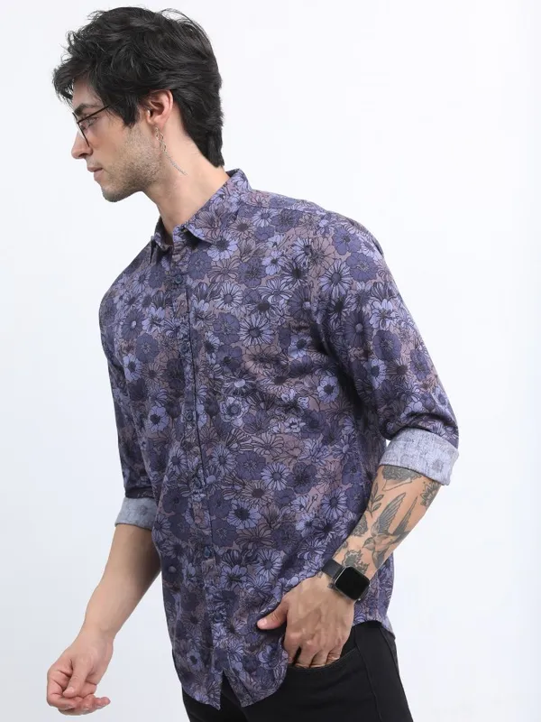  Ketch Men Blue Printed Slim Fit Casual Shirts