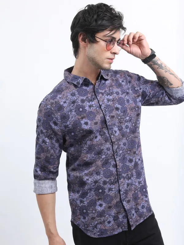  Ketch Men Blue Printed Slim Fit Casual Shirts