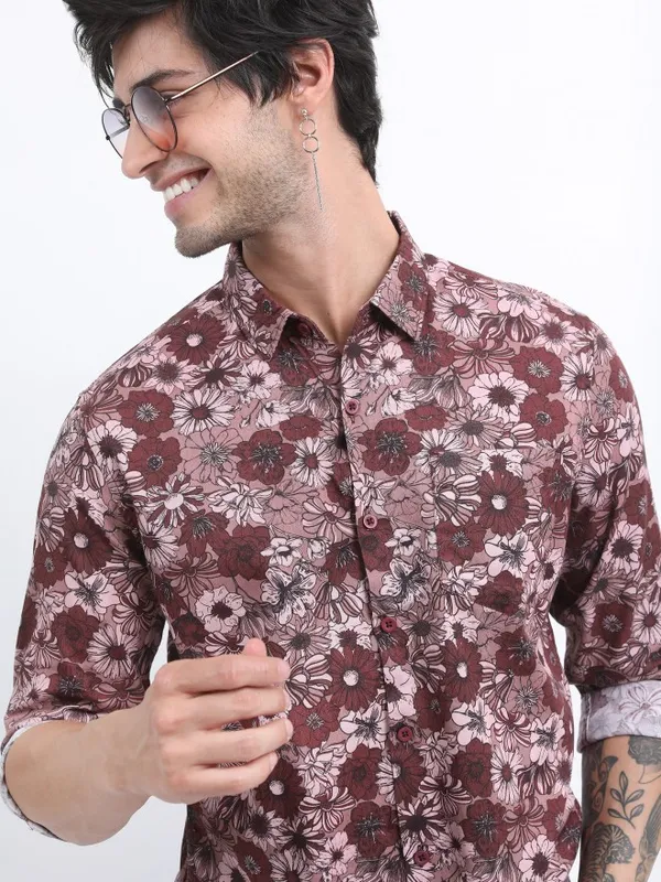  Ketch Men Maroon Printed Slim Fit Casual Shirts