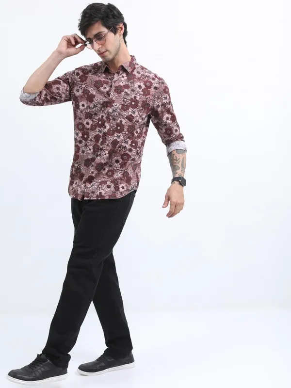  Ketch Men Maroon Printed Slim Fit Casual Shirts