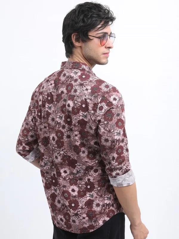  Ketch Men Maroon Printed Slim Fit Casual Shirts