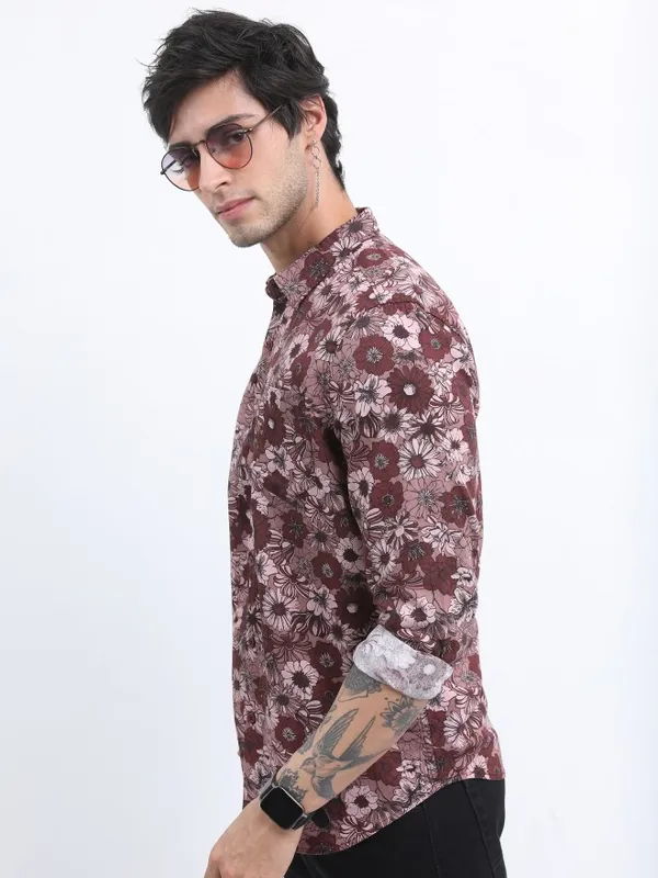  Ketch Men Maroon Printed Slim Fit Casual Shirts