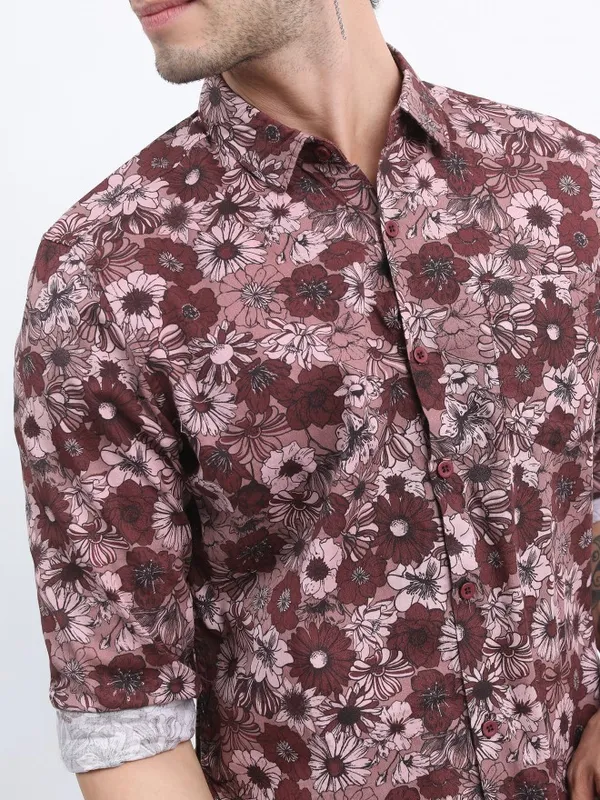  Ketch Men Maroon Printed Slim Fit Casual Shirts