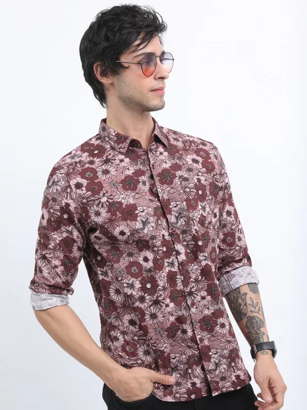  Ketch Men Maroon Printed Slim Fit Casual Shirts