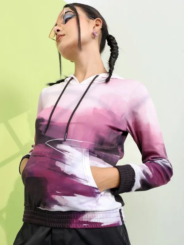  Tokyo Talkies Women Purple Printed Pullover Hood Sweatshirts