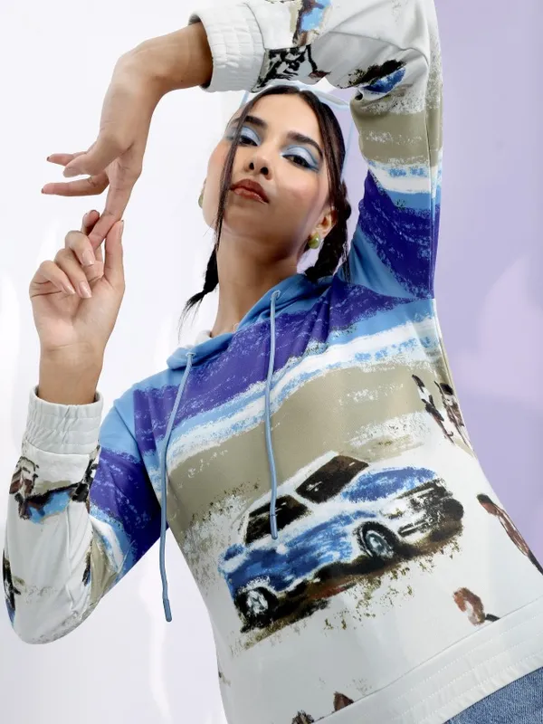  Tokyo Talkies Women Blue Printed Pullover Hood Sweatshirts