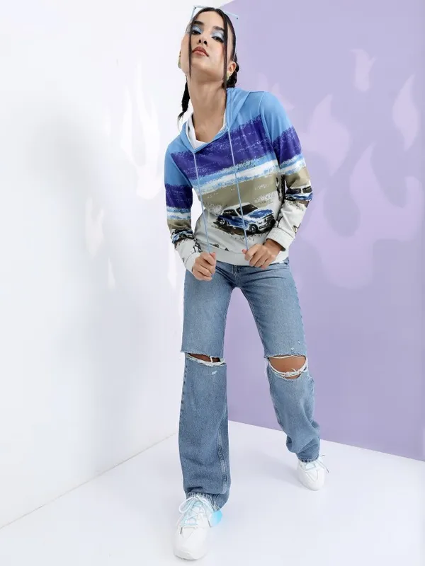  Tokyo Talkies Women Blue Printed Pullover Hood Sweatshirts