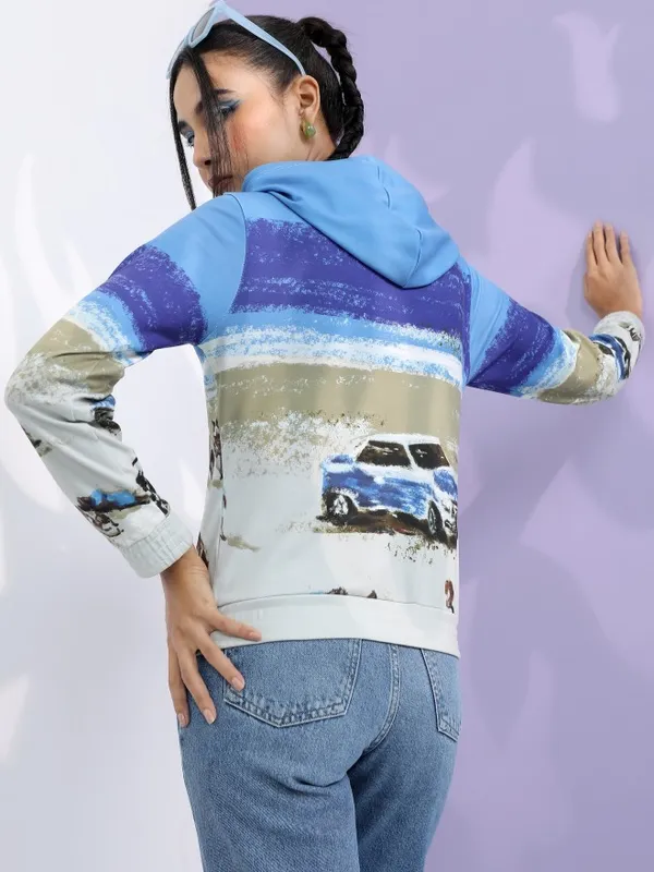  Tokyo Talkies Women Blue Printed Pullover Hood Sweatshirts