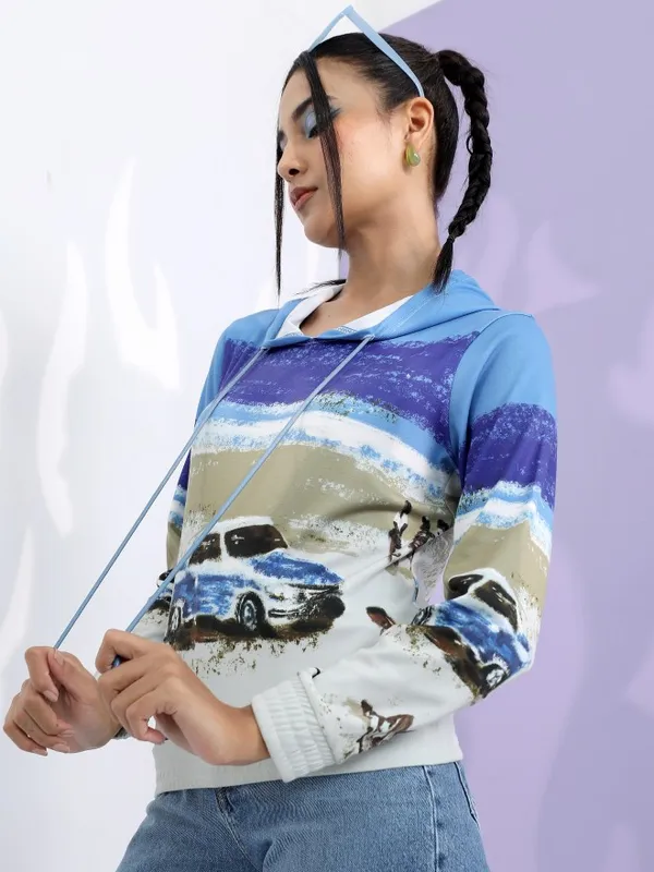  Tokyo Talkies Women Blue Printed Pullover Hood Sweatshirts