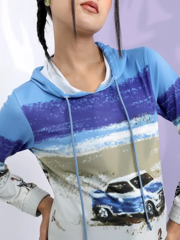  Tokyo Talkies Women Blue Printed Pullover Hood Sweatshirts