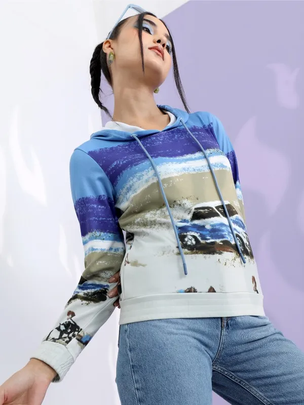  Tokyo Talkies Women Blue Printed Pullover Hood Sweatshirts