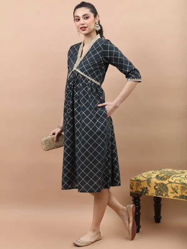 Vishudh Women Green Printed A-Line Ethnic Dresses