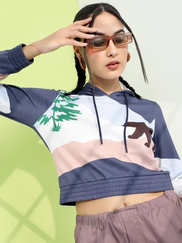  Tokyo Talkies Women Navy Blue Printed Pullover Hood Sweatshirts