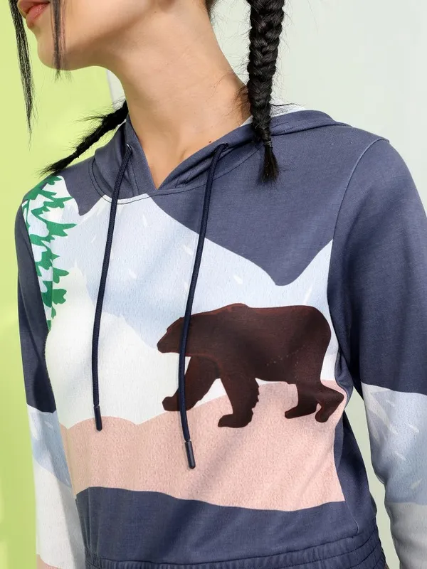  Tokyo Talkies Women Navy Blue Printed Pullover Hood Sweatshirts
