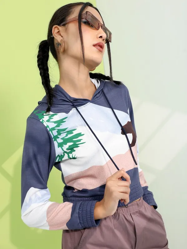  Tokyo Talkies Women Navy Blue Printed Pullover Hood Sweatshirts