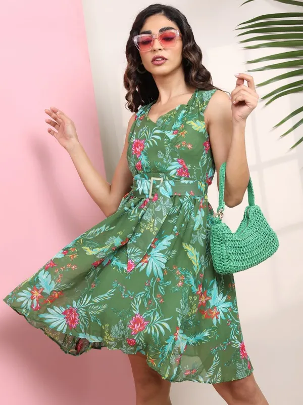 Tokyo Talkies Women Green Printed Fit And Flare Dress