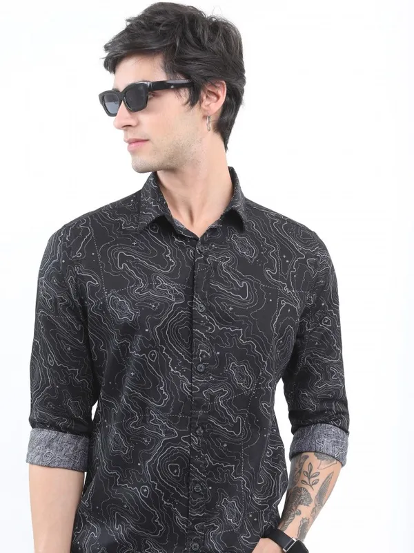  Ketch Men Black Printed Slim Fit Casual Shirts