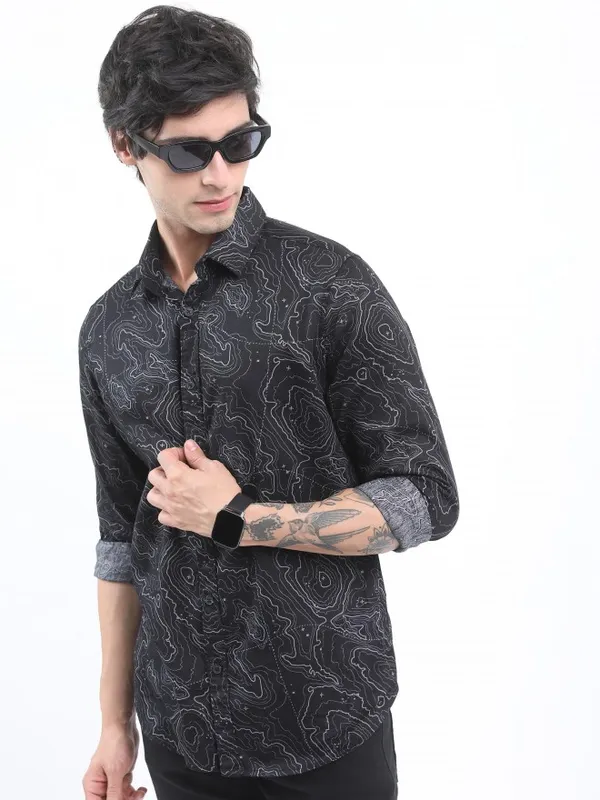  Ketch Men Black Printed Slim Fit Casual Shirts