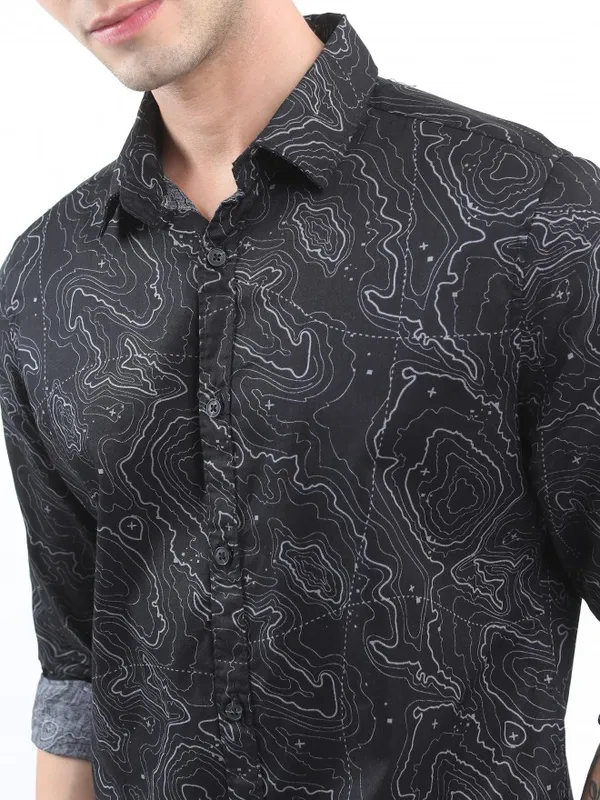  Ketch Men Black Printed Slim Fit Casual Shirts