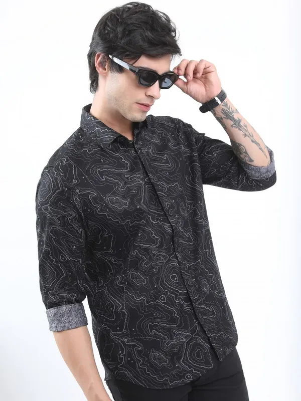  Ketch Men Black Printed Slim Fit Casual Shirts