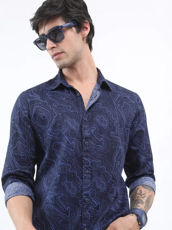  Ketch Men Navy Blue Printed Slim Fit Casual Shirts