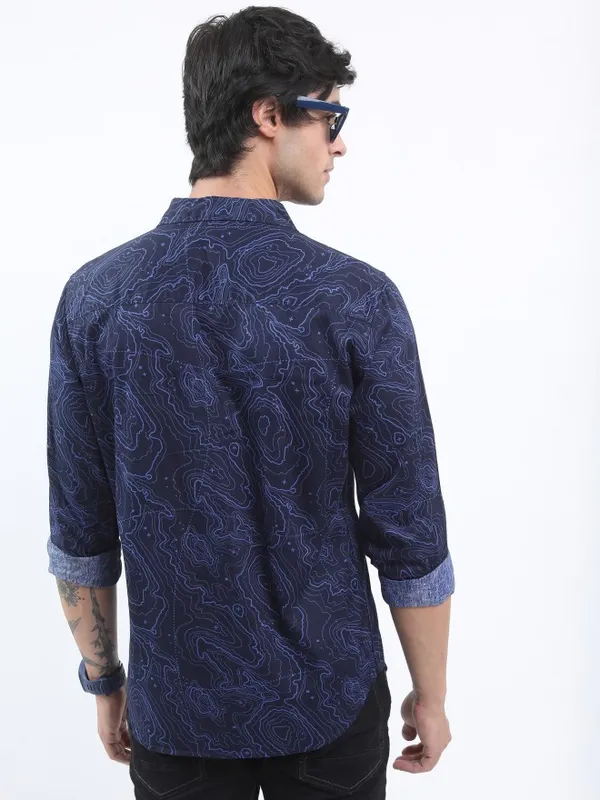  Ketch Men Navy Blue Printed Slim Fit Casual Shirts