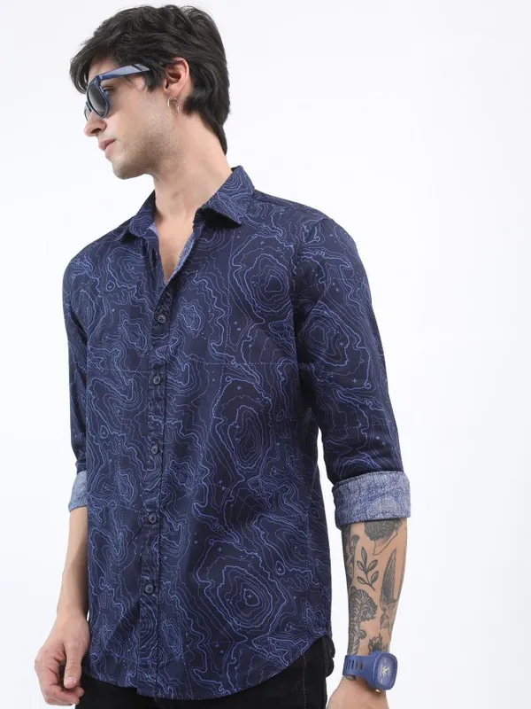  Ketch Men Navy Blue Printed Slim Fit Casual Shirts
