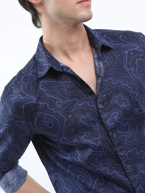  Ketch Men Navy Blue Printed Slim Fit Casual Shirts