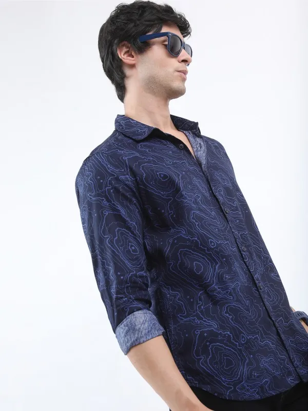  Ketch Men Navy Blue Printed Slim Fit Casual Shirts