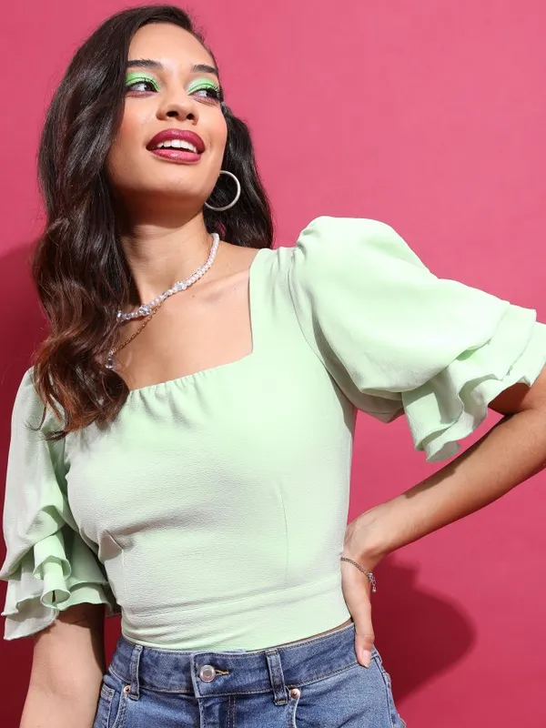 Tokyo Talkies Women Green Solid Fitted Top