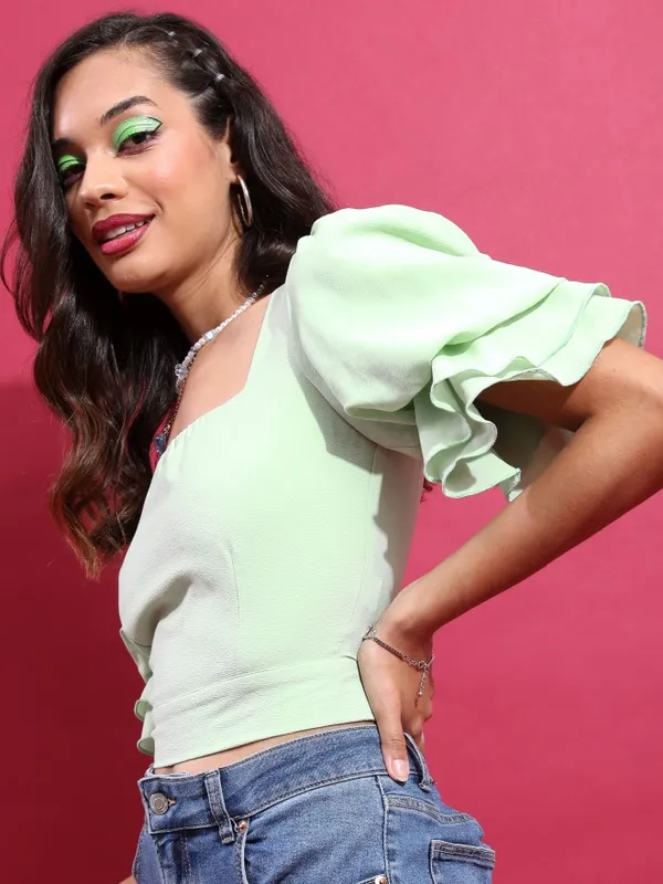 Tokyo Talkies Women Green Solid Fitted Top
