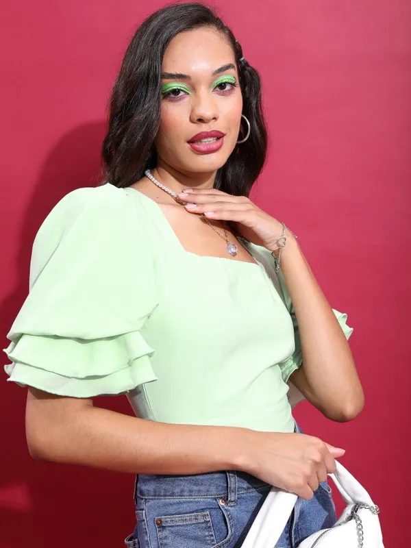 Tokyo Talkies Women Green Solid Fitted Top