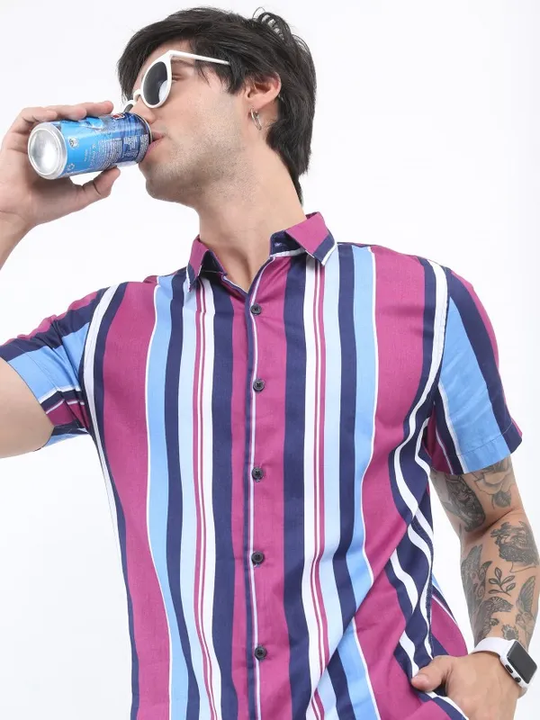  Ketch Men Pink Striped Slim Fit Casual Shirts