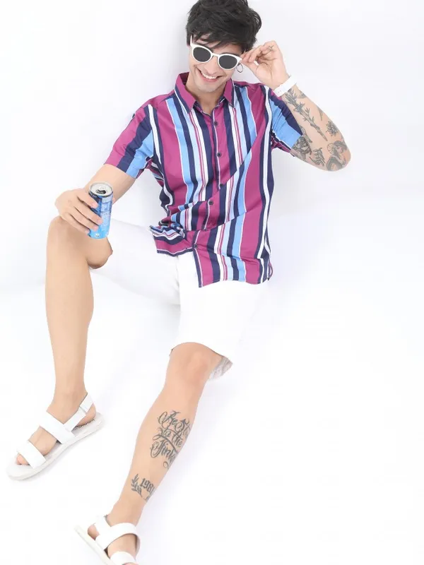  Ketch Men Pink Striped Slim Fit Casual Shirts